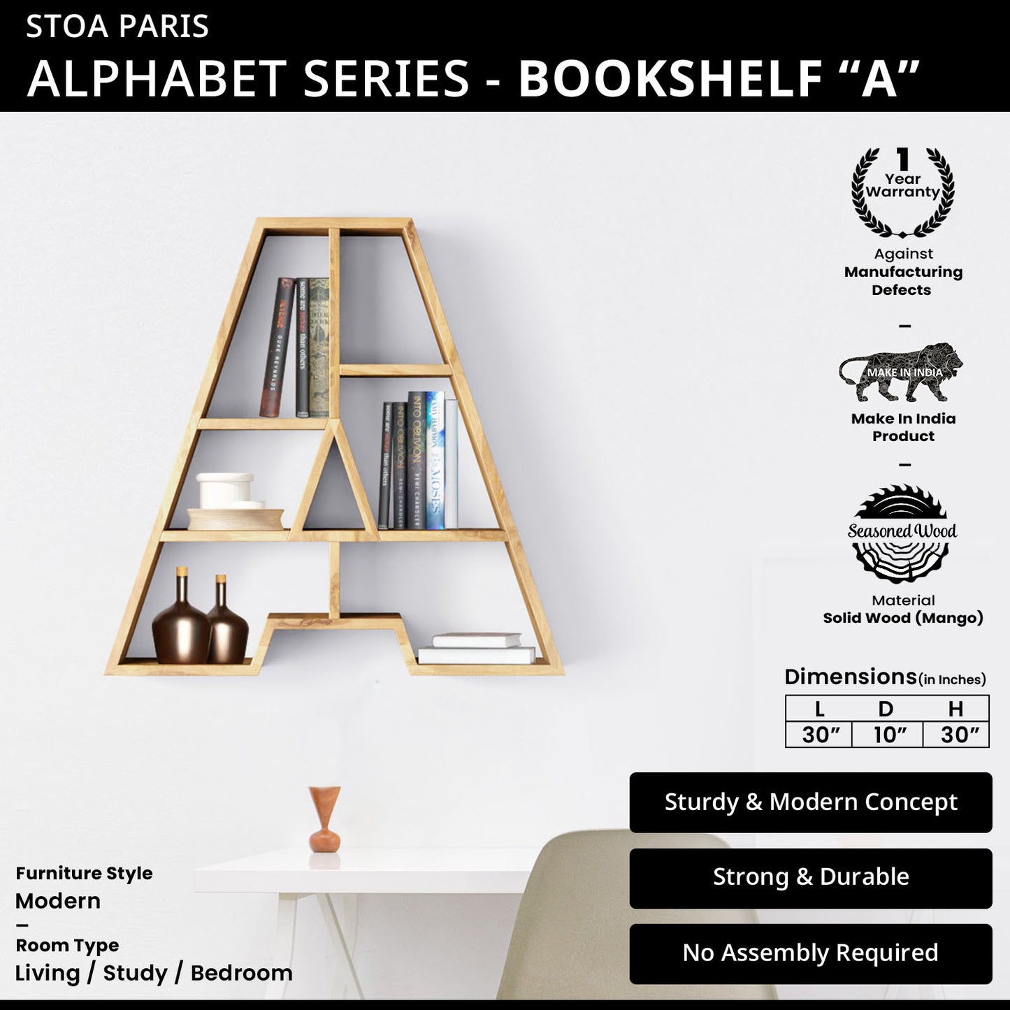 Bookshelf Alphabet "A" In Mango Wood Natural Polish Shade For Books & Decor