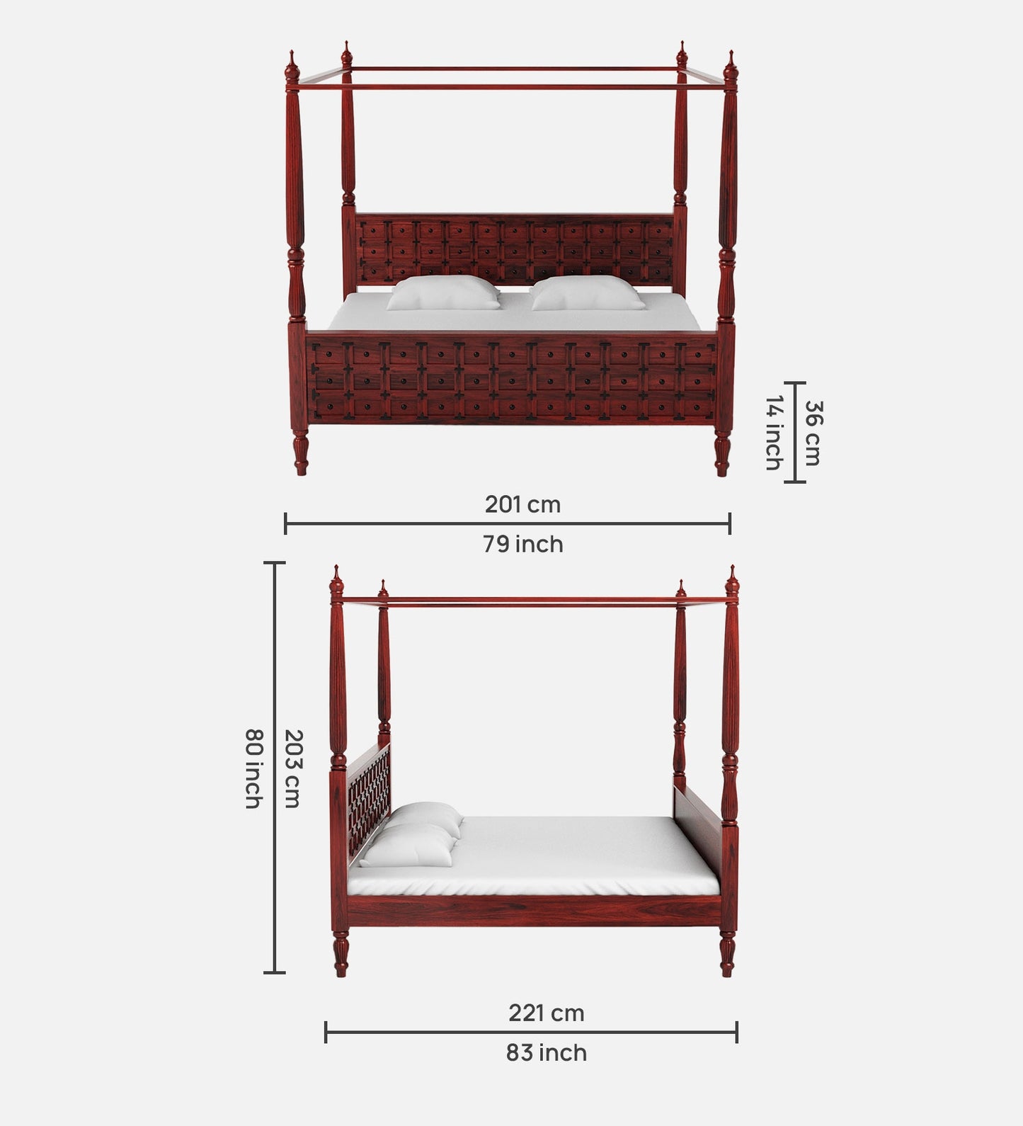 Sheesham Wood King Size Non Storage Poster Bed In Honey Oak Finish