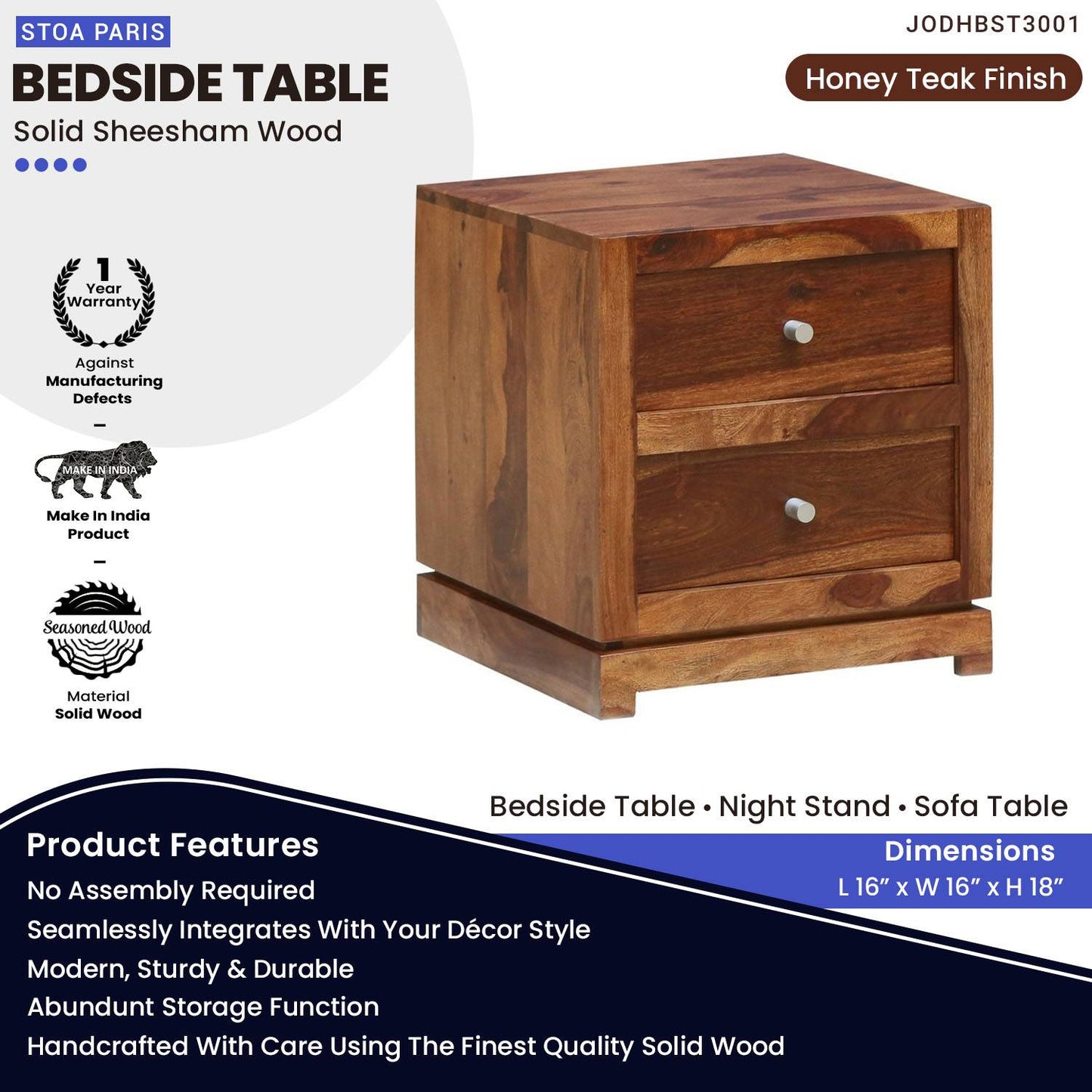Kortas Nightstand Bedside Table With Drawer In Solid Wood - Teak Polish Finish