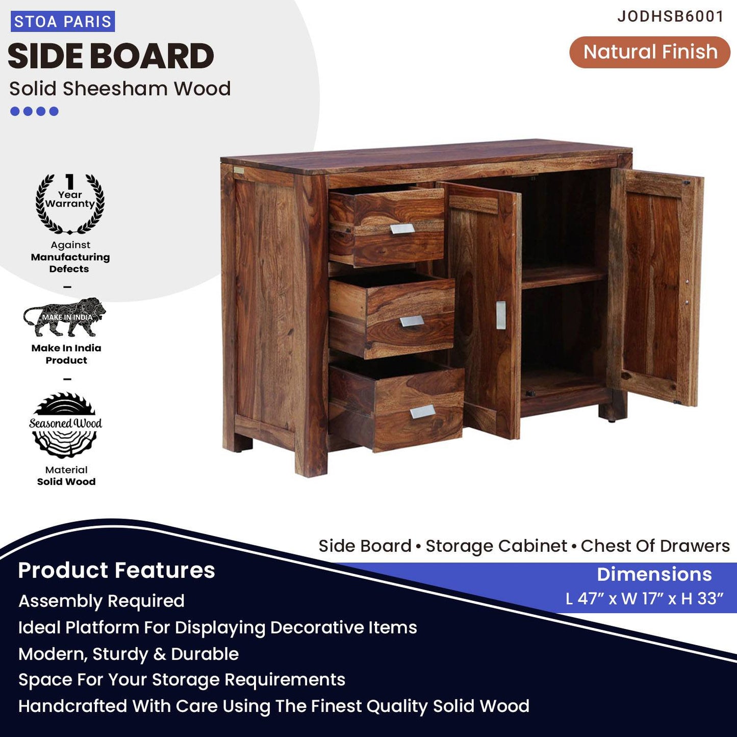 Shane Sheesham Wood Side Board Storage Cabinet In Natural Polish Finish