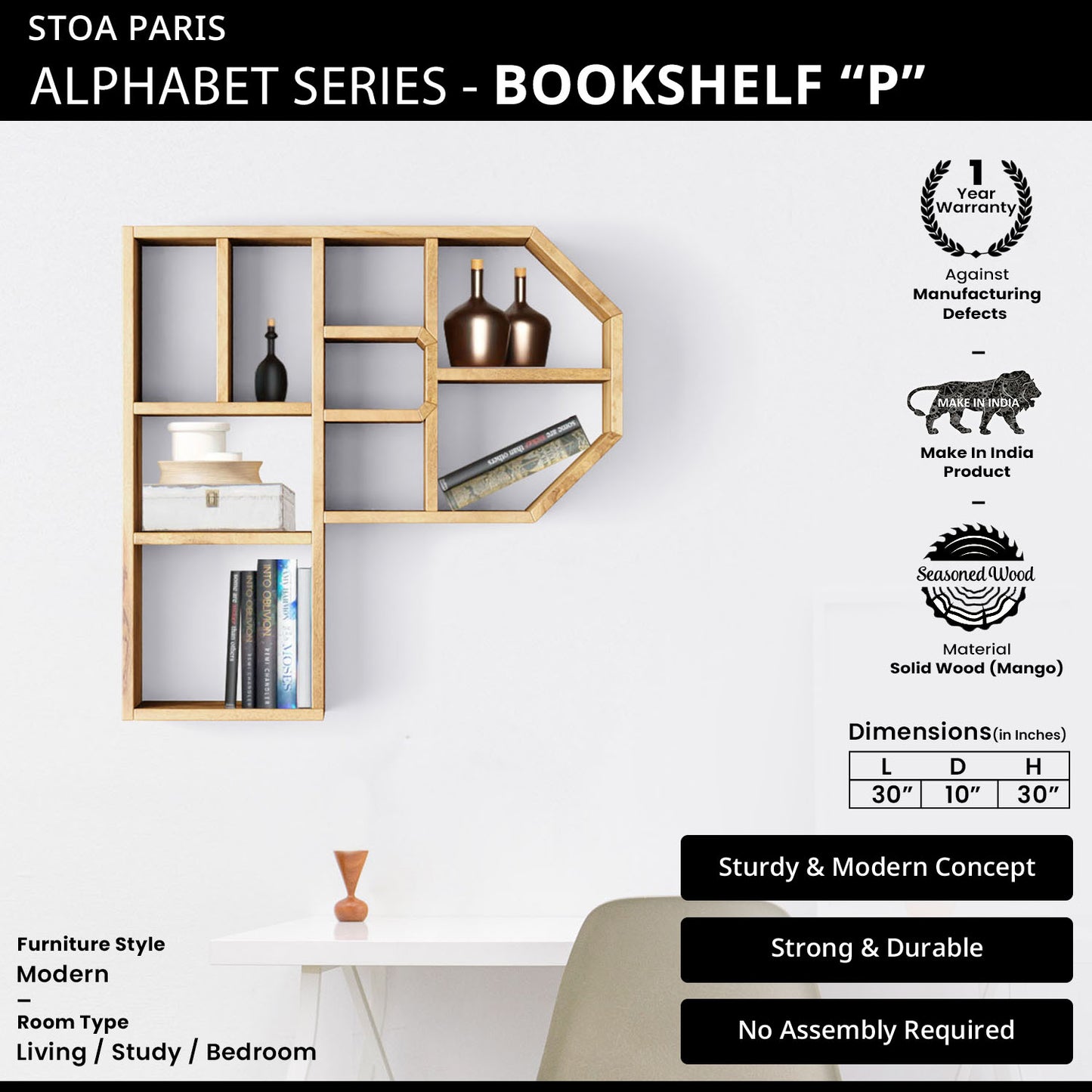 Bookshelf Alphabet "P" In Mango Wood Natural Polish Shade For Books & Decor