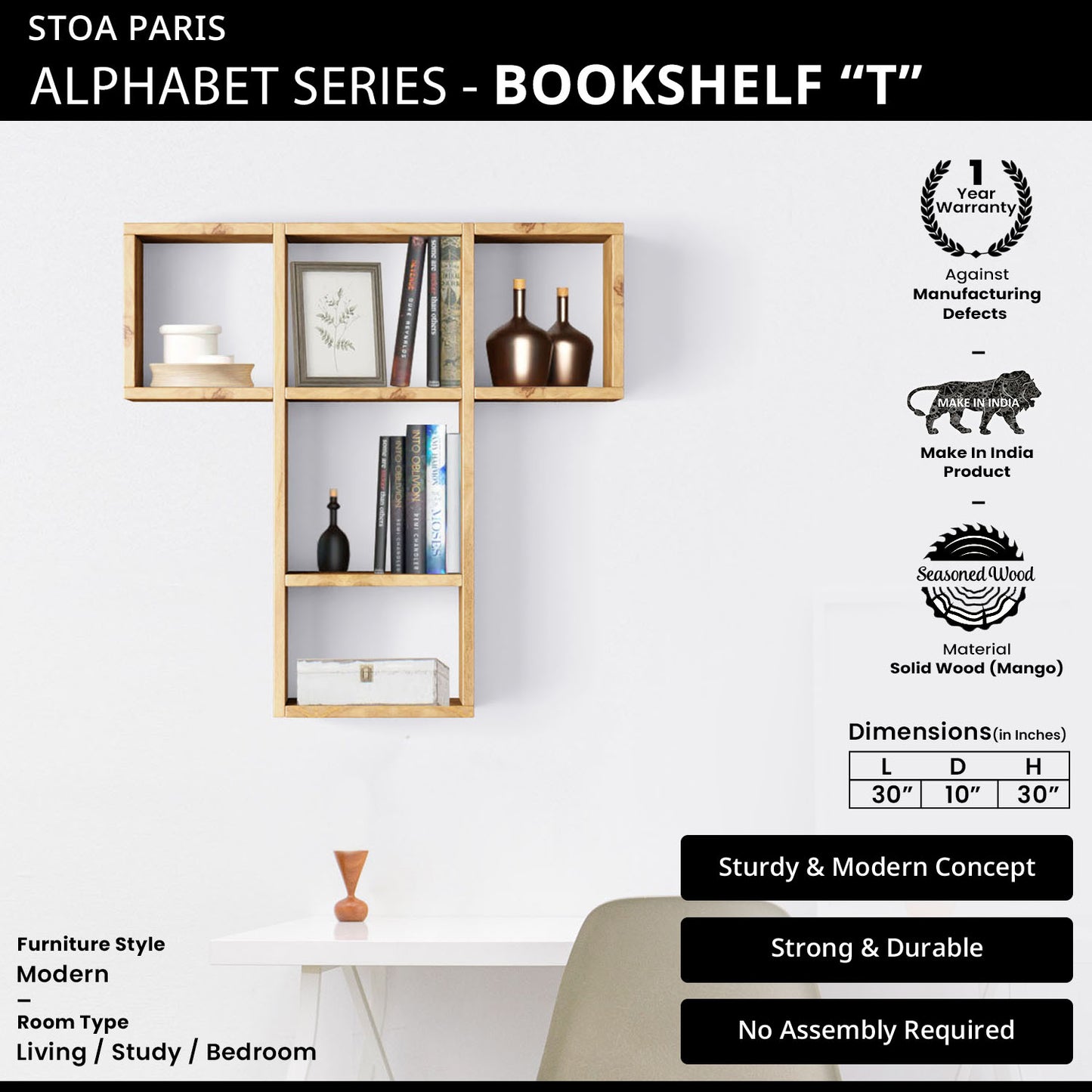 Bookshelf Alphabet "T" In Mango Wood Natural Polish Shade For Books & Decor