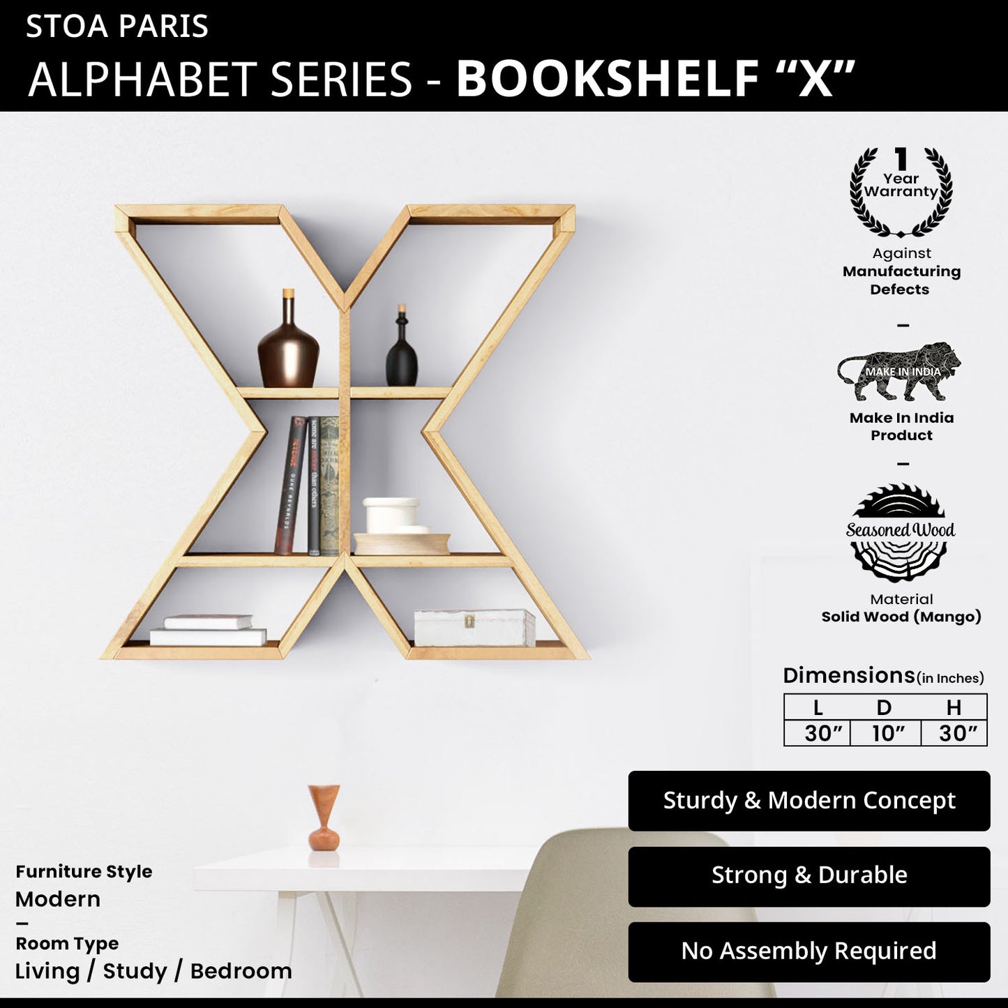 Bookshelf Alphabet "X" In Mango Wood Natural Polish Shade For Books & Decor