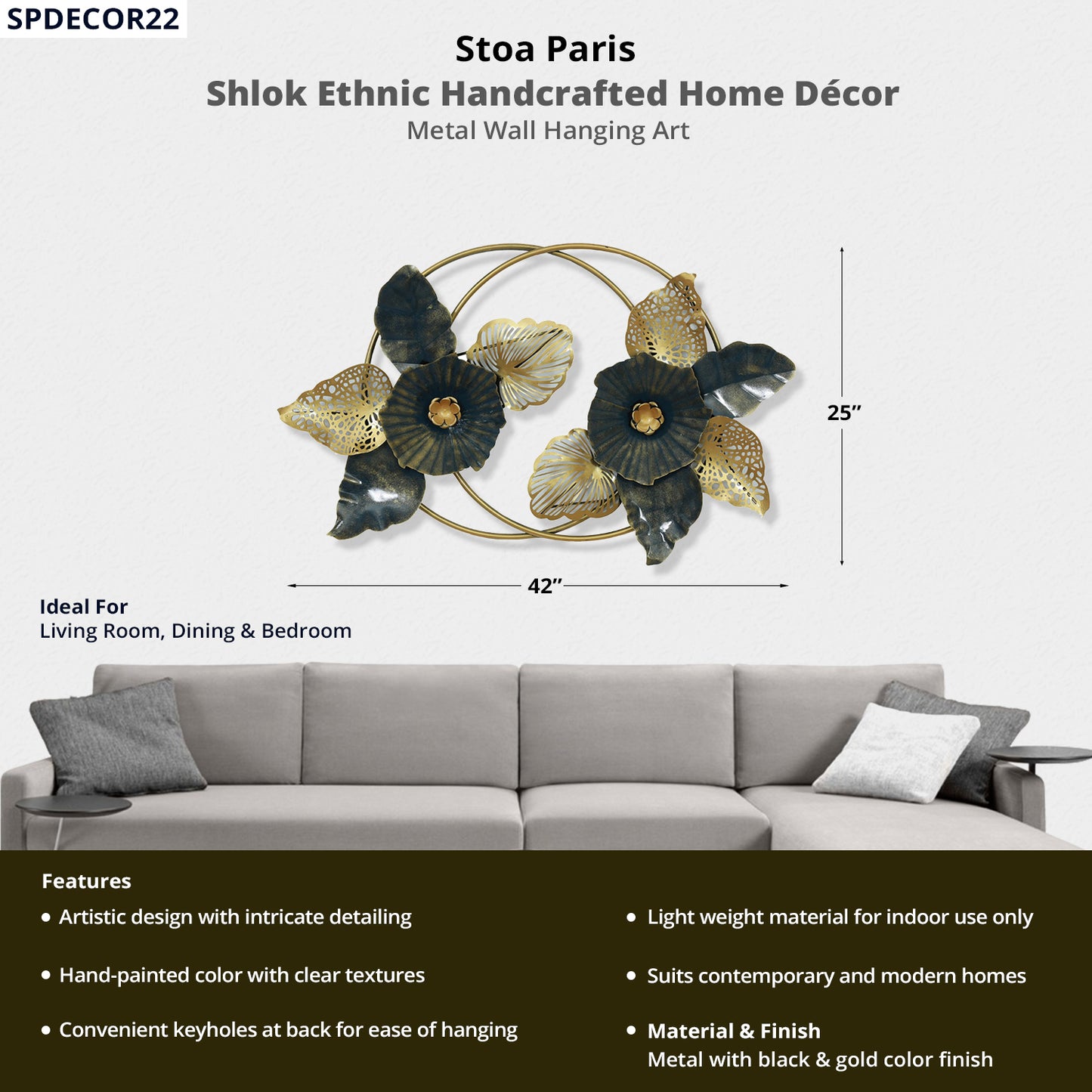 Shlok - Handcrafted Décor - Metal Wall Art - Flower & Petal Design - Gold & Black Blue Colour