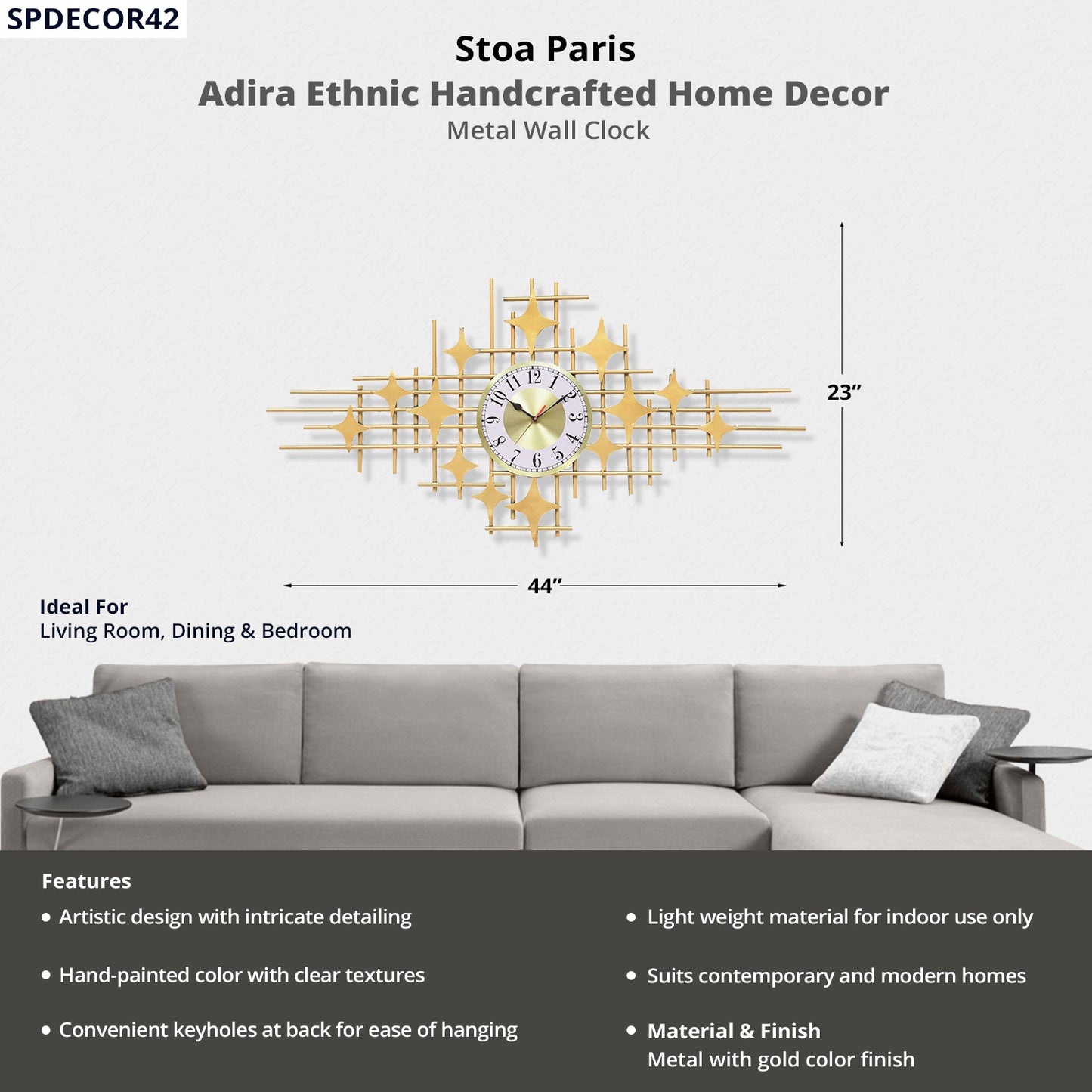 Adira - Handcrafted Décor - Metal Wall Clock - In Gold Colour