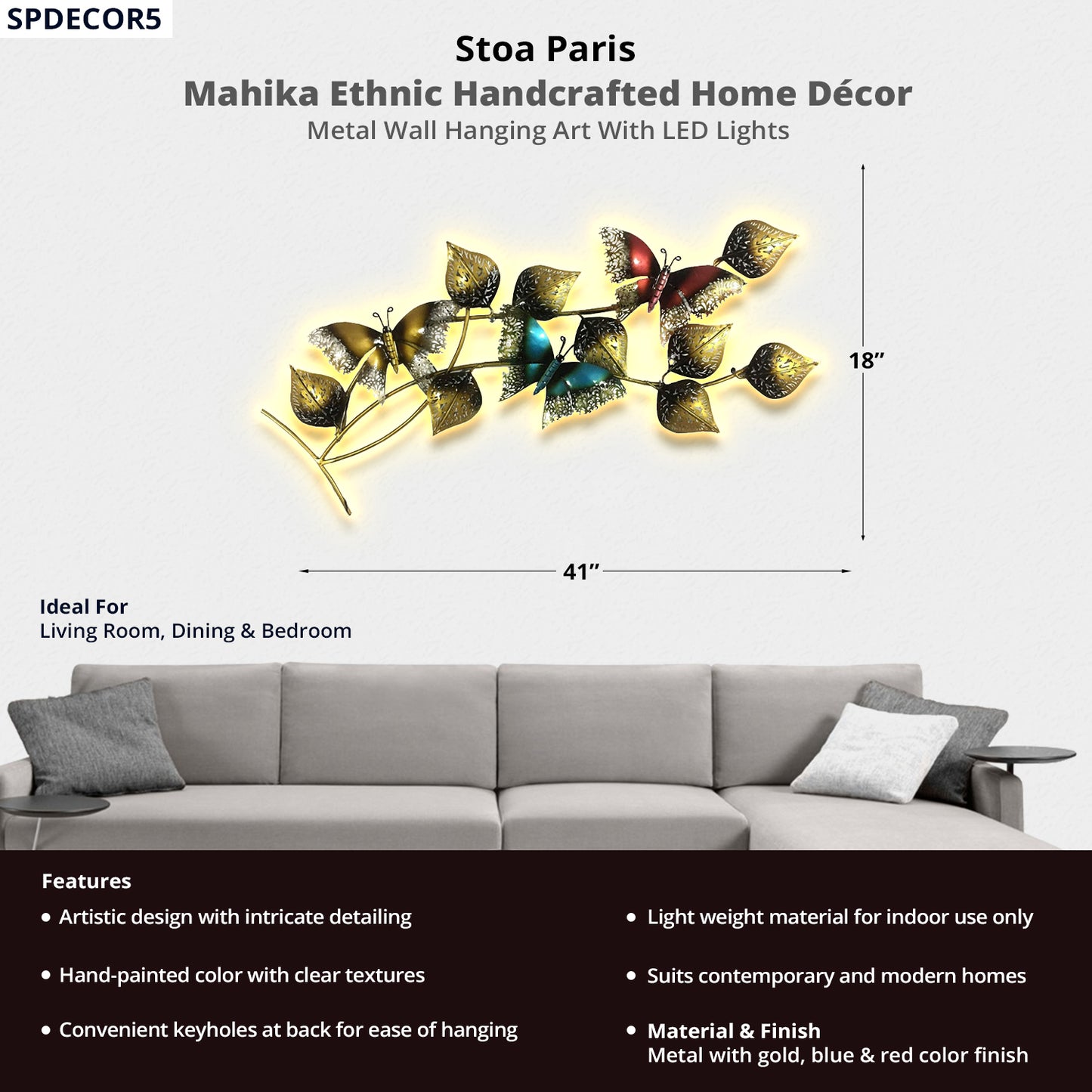 Mahika - Handcrafted Décor With LED Light - Metal Wall Art - Leaf Design - Gold, Blue & Red Colour