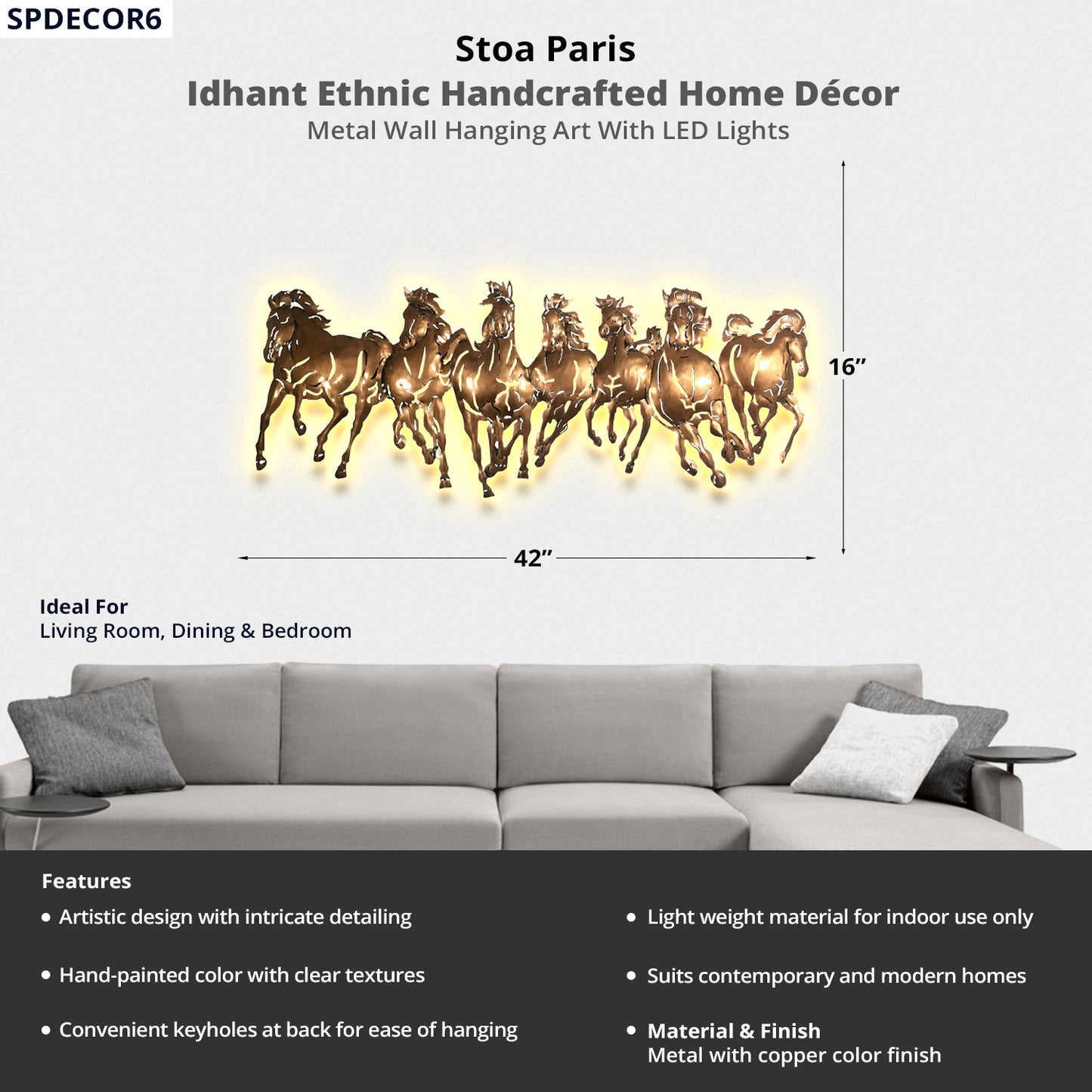 Idhant - Handcrafted Décor With LED Light - Metal Wall Art - Running Horse Design - Copper Colour
