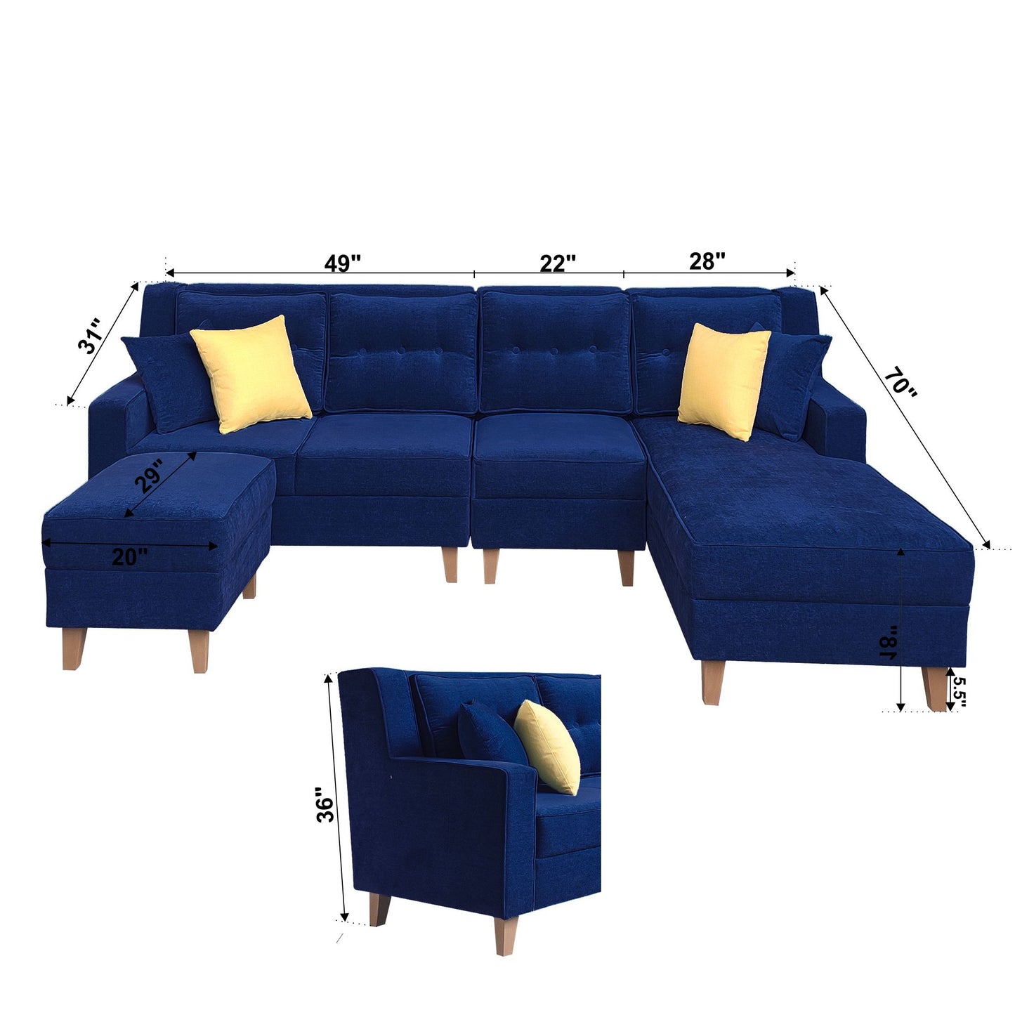 Santafee Fabric 6 Seater Corner Sofa With Ottoman - Blue
