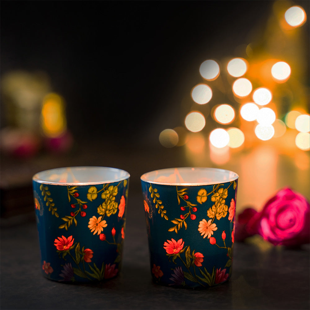 Floral Bliss Blue Candle Votives Set of 2