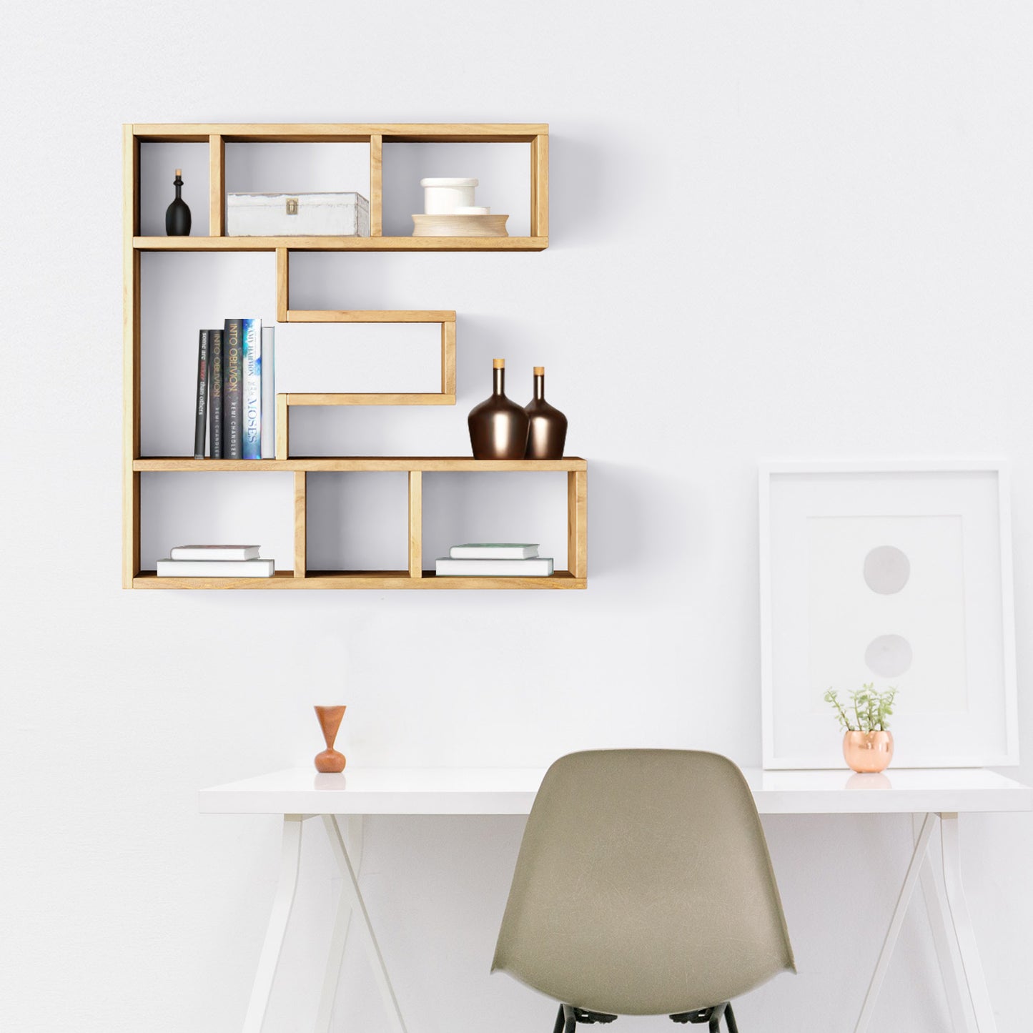 Bookshelf Alphabet "E" In Mango Wood Natural Polish Shade For  Books & Decor