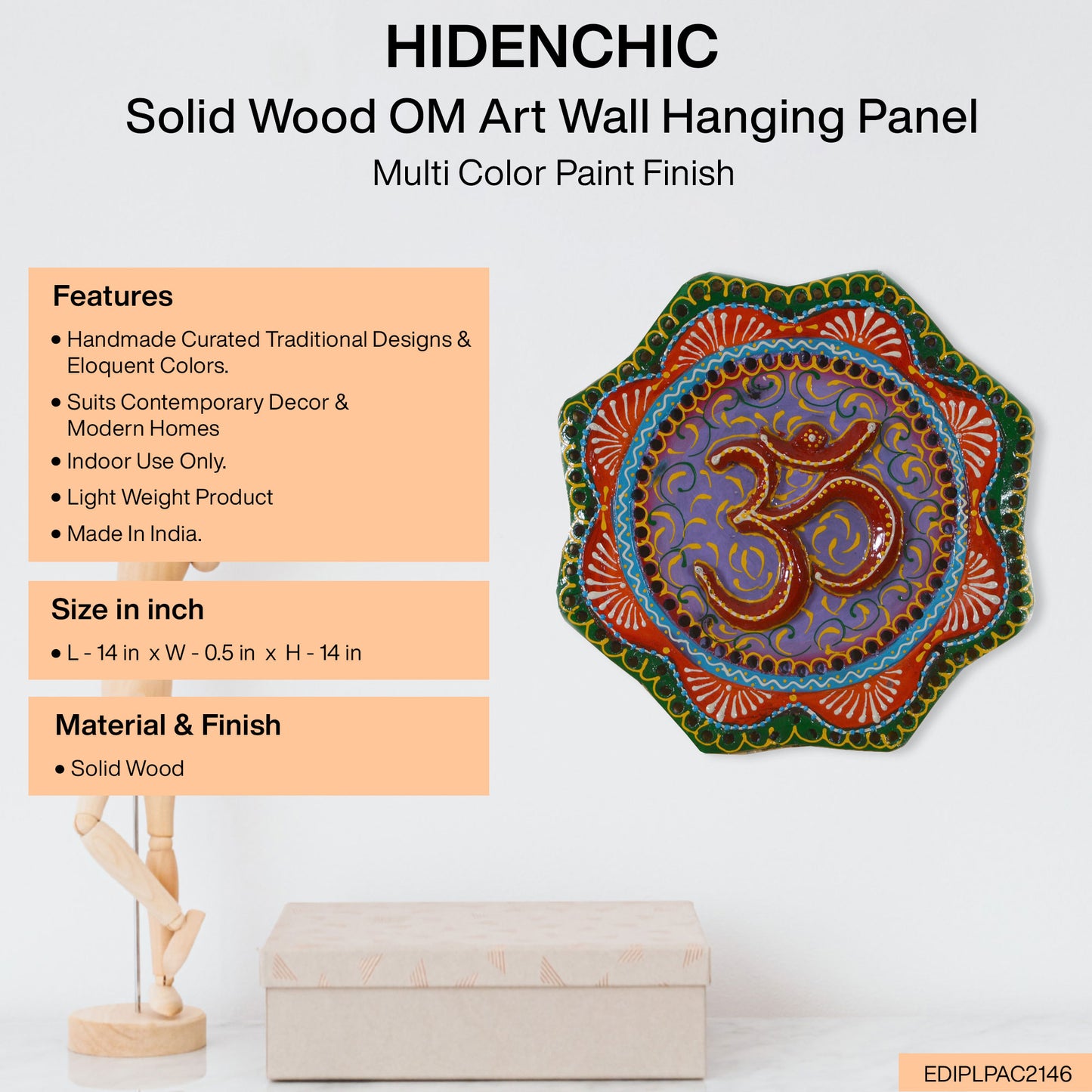 Mahak - Solid Wood OM Art Wall Hanging Panel - Multi Colour Paint Finish