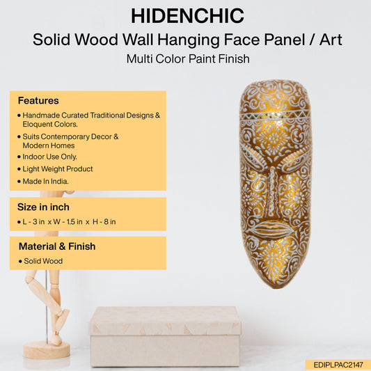 Noor - Solid Wood Wall Hanging Face Panel Art - Multi Colour Paint Finish