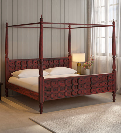 Sheesham Wood King Size Non Storage Poster Bed In Honey Oak Finish