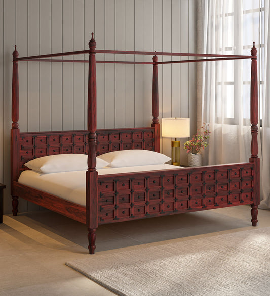 Sheesham Wood King Size Non Storage Poster Bed In Honey Oak Finish