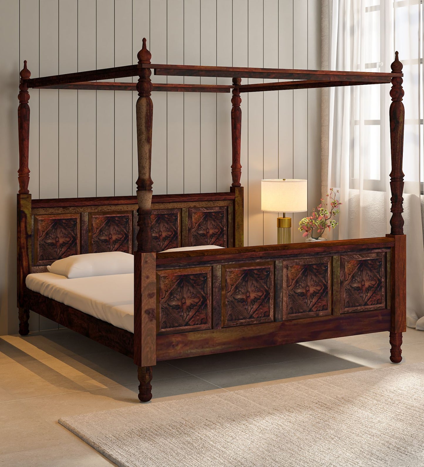 Sheesham Wood King Size Poster Bed In Provincial Teak Finish