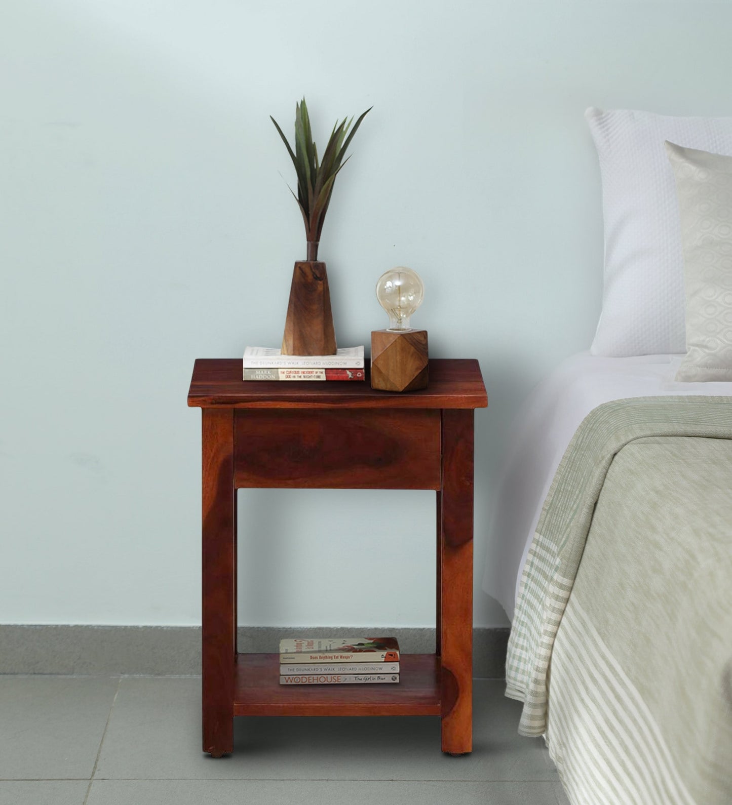 Sheesham Wood Bedside Table In Honey Oak Finish With Drawer