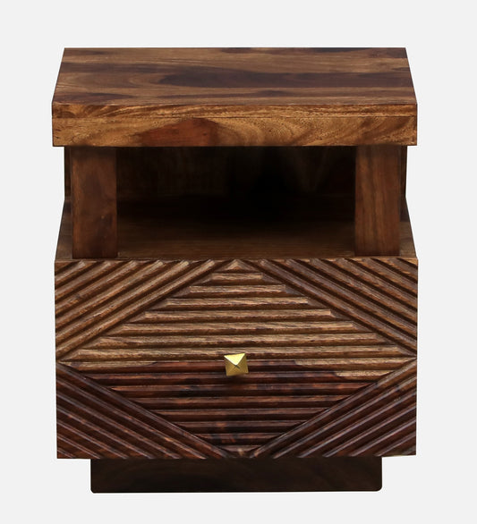 Sheesham Wood Bedside Table In Natural Walnut Polish Finish With Drawer