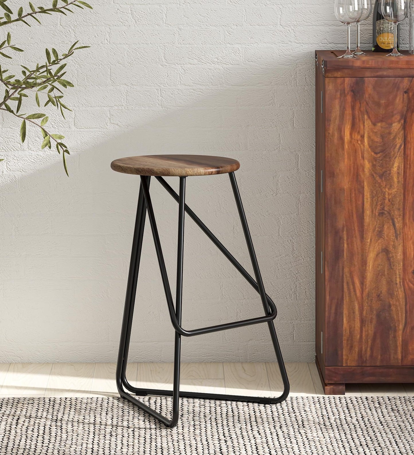 Metal Bar Stool In Black Color Base Frame & Solid Wooden Seat In Natural Polish Finish