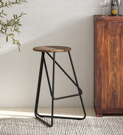 Metal Bar Stool In Black Color Base Frame & Solid Wooden Seat In Natural Polish Finish
