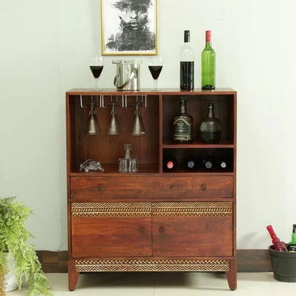 Solid Wood Bar Cabinet In Honey Oak Finish