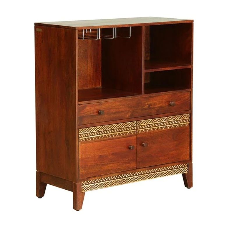 Solid Wood Bar Cabinet In Honey Oak Finish