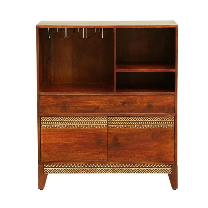Solid Wood Bar Cabinet In Honey Oak Finish