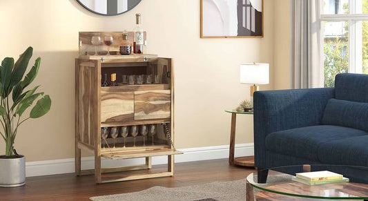 Solid Wood Bar Cabinet In Honey Oak Finish