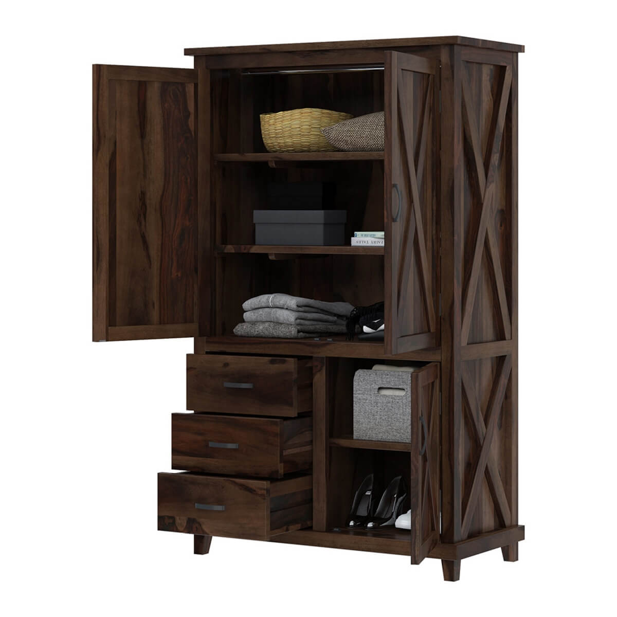 Solid Wood Wardrobe In Walnut Finish