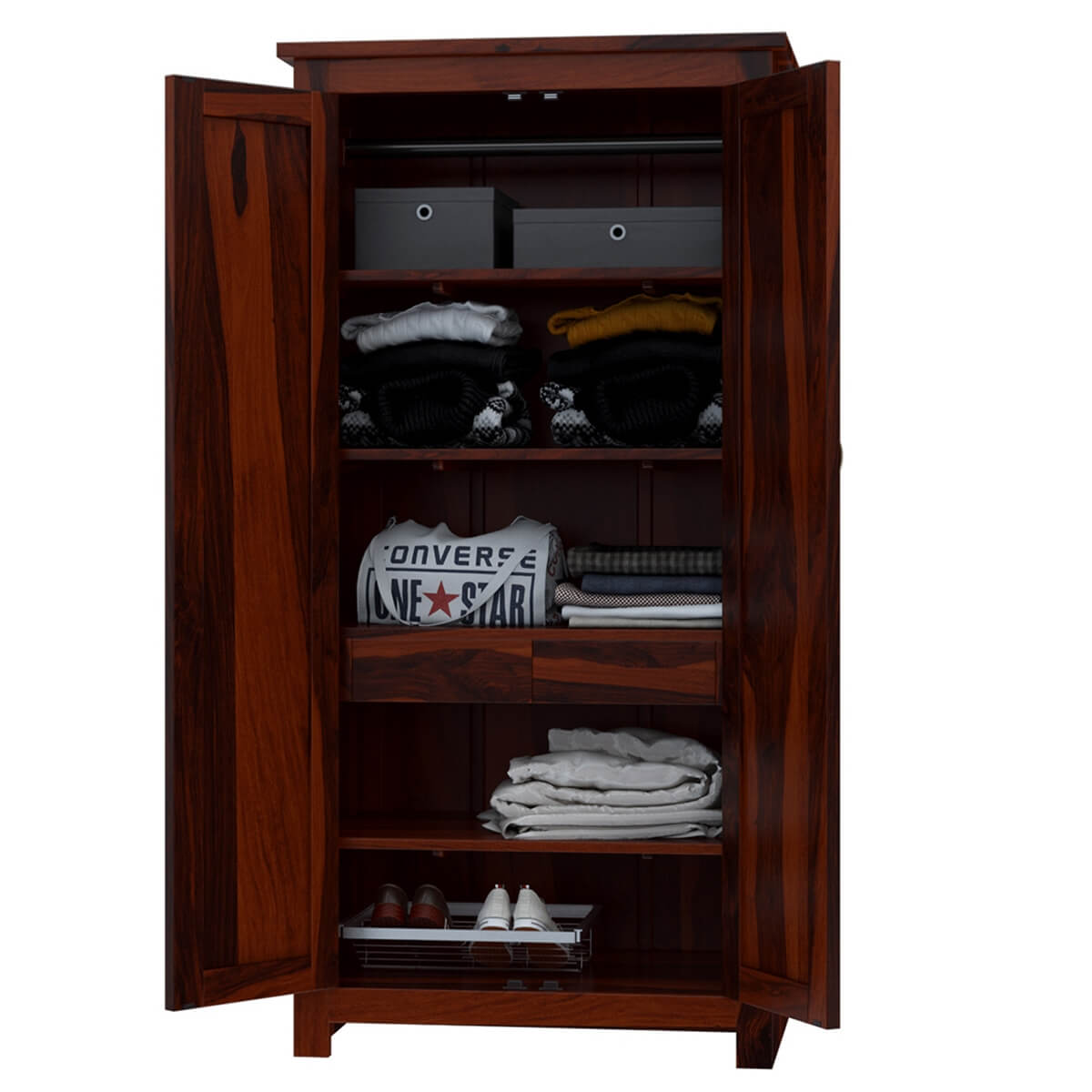 Solid Wood Wardrobe In Rosewood Finish
