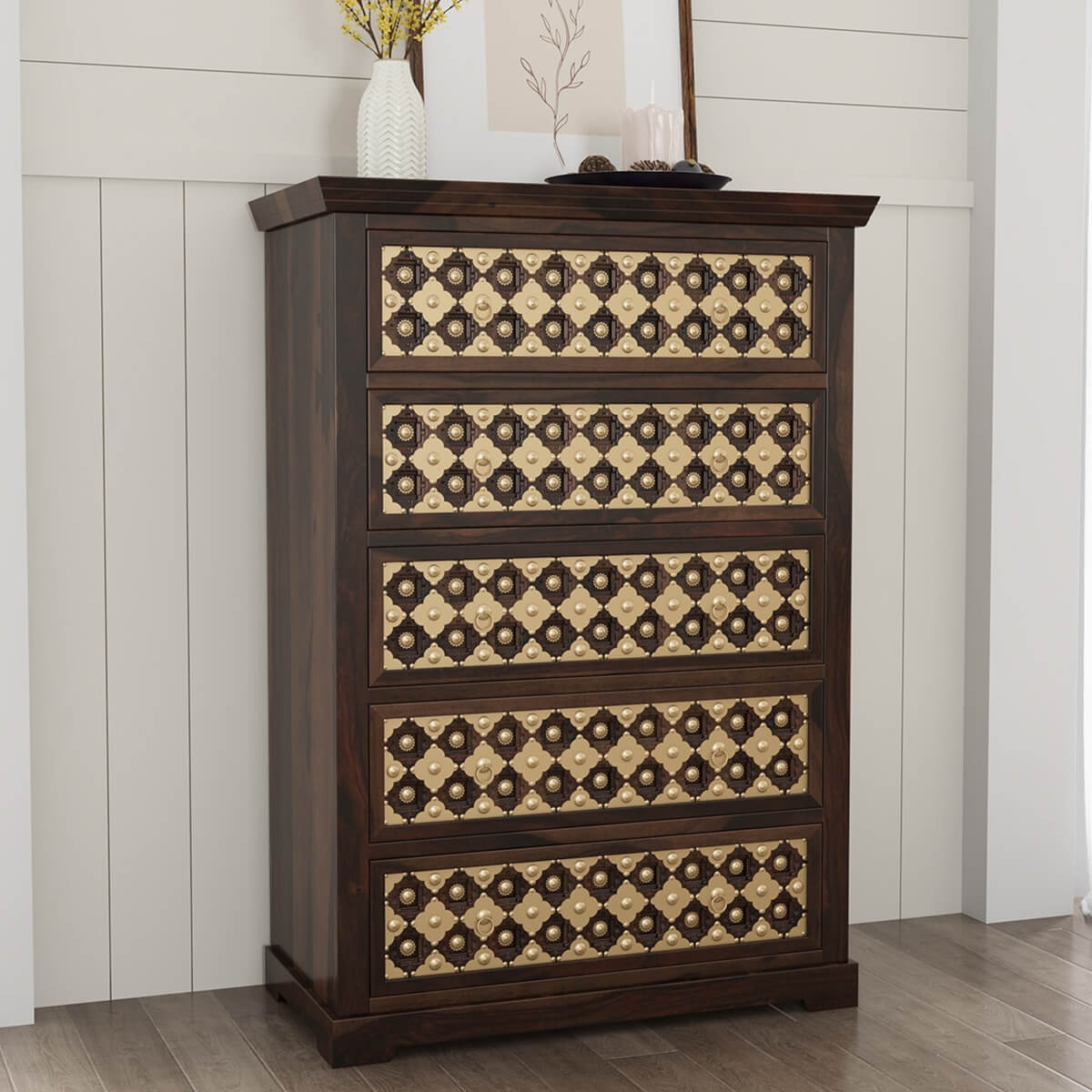 Solid Wood Chest Of Drawers In Walnut Finish
