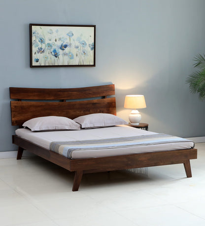 Solid Wood Queen Size Non Storage Bed In Light Walnut Polish Finish