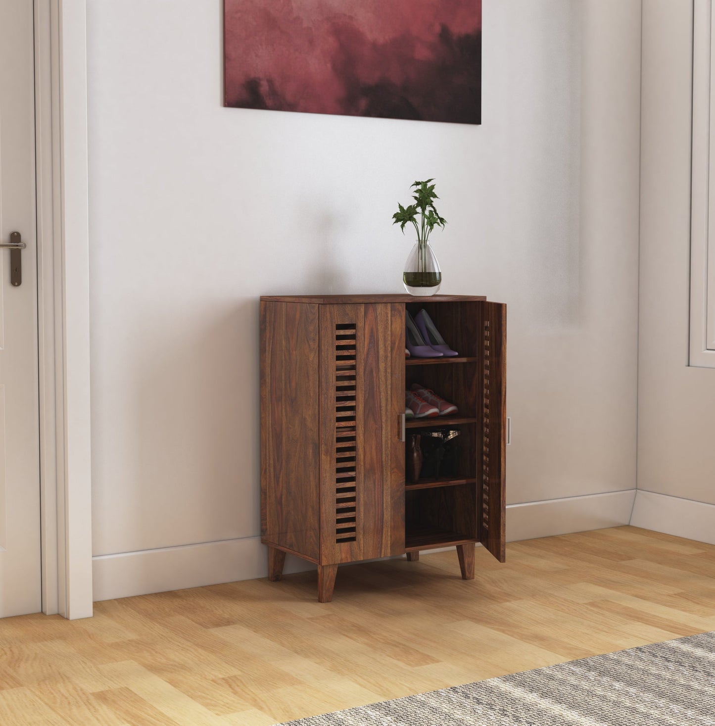 Solid Wood Shoe Rack In Walnut Finish