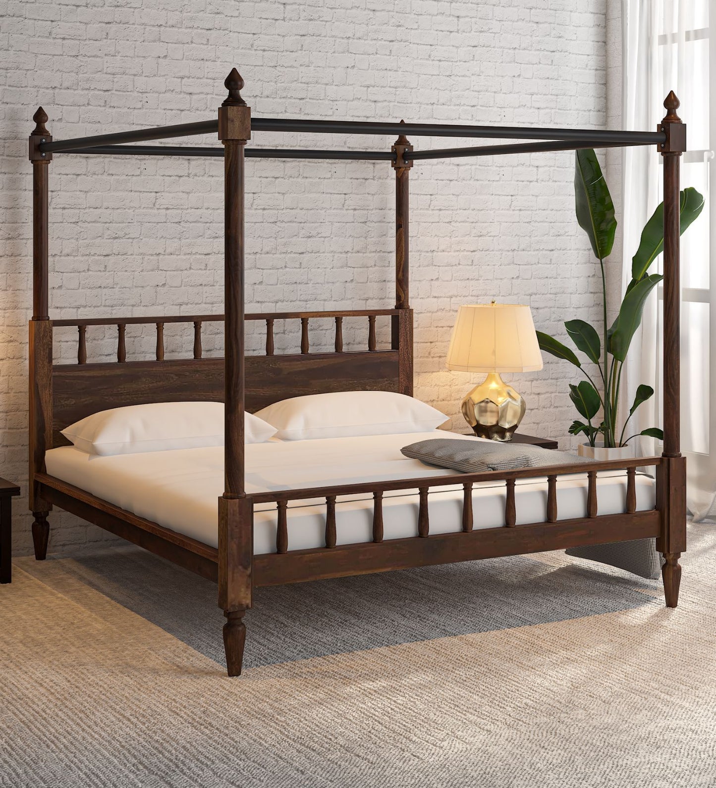 Sheesham Wood Queen Size Poster Bed In Provincial Teak Finish