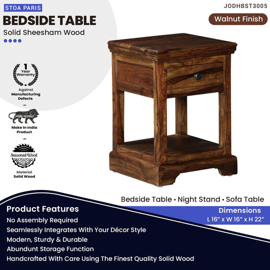 Jenifer Nightstand Bedside Table With Drawer In Solid Sheesham Wood In Walnut Polish Finish