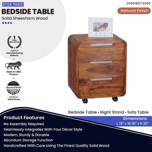 Carlos Nightstand Bedside Table With Drawers In Solid Wood In Natural Polish Finish