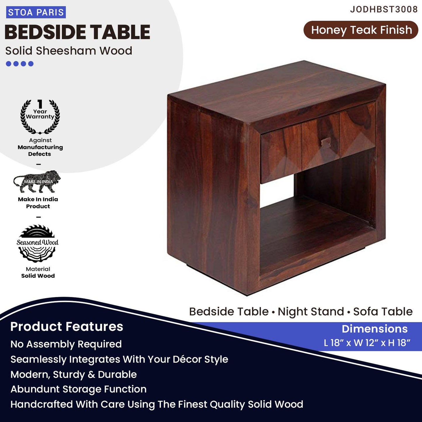 Woben Nightstand Bedside Table With Drawer In Solid Sheesham Wood  In Teak Polish Finish