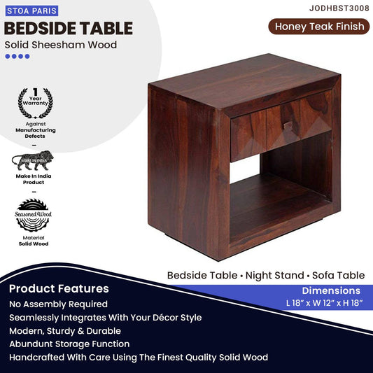 Woben Nightstand Bedside Table With Drawer In Solid Sheesham Wood  In Teak Polish Finish
