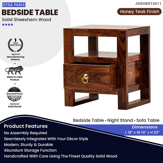Ross Bedside Table With Drawer In Solid Sheesham Wood In Honey Teak Polish Finish