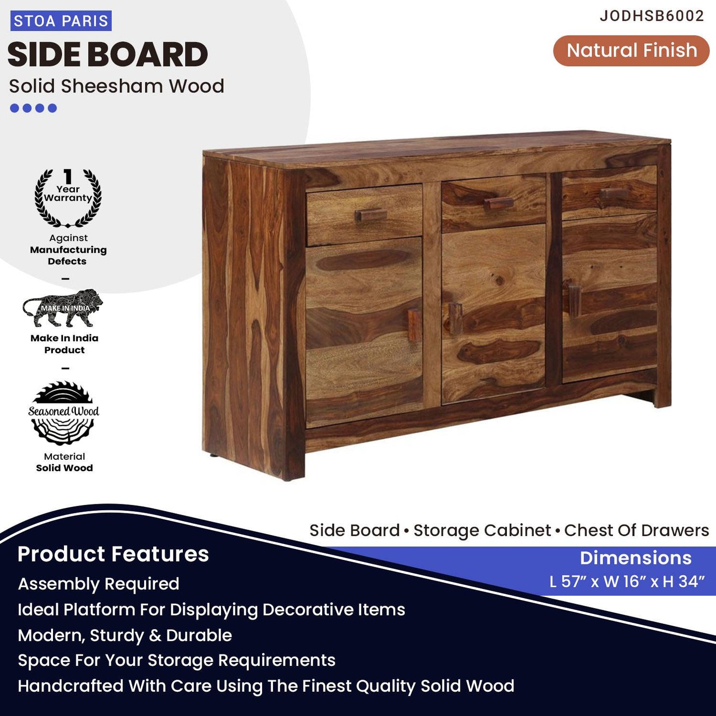Mathew Wooden Side Board Storage Cabinet Chest Of Drawers With 3 Drawers And 3 Storage Compartments For The Living Room, Study And Office In Natural Polish Finish