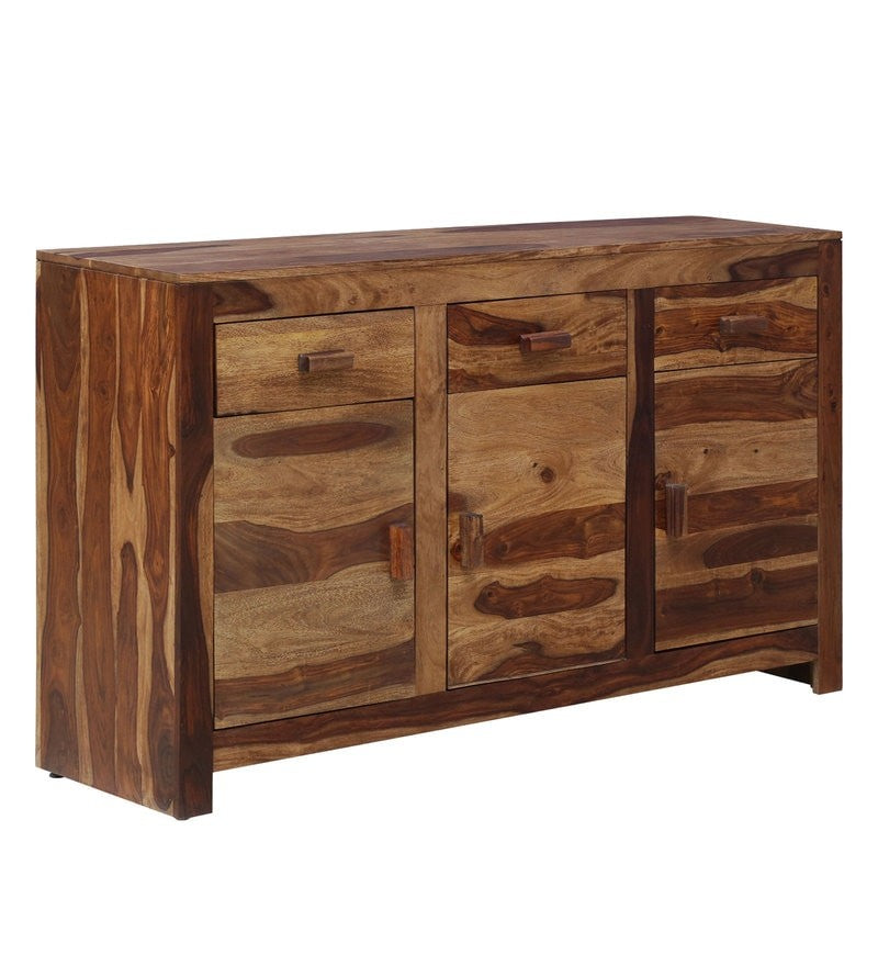 Mathew Wooden Side Board Storage Cabinet Chest Of Drawers With 3 Drawers And 3 Storage Compartments For The Living Room, Study And Office In Natural Polish Finish