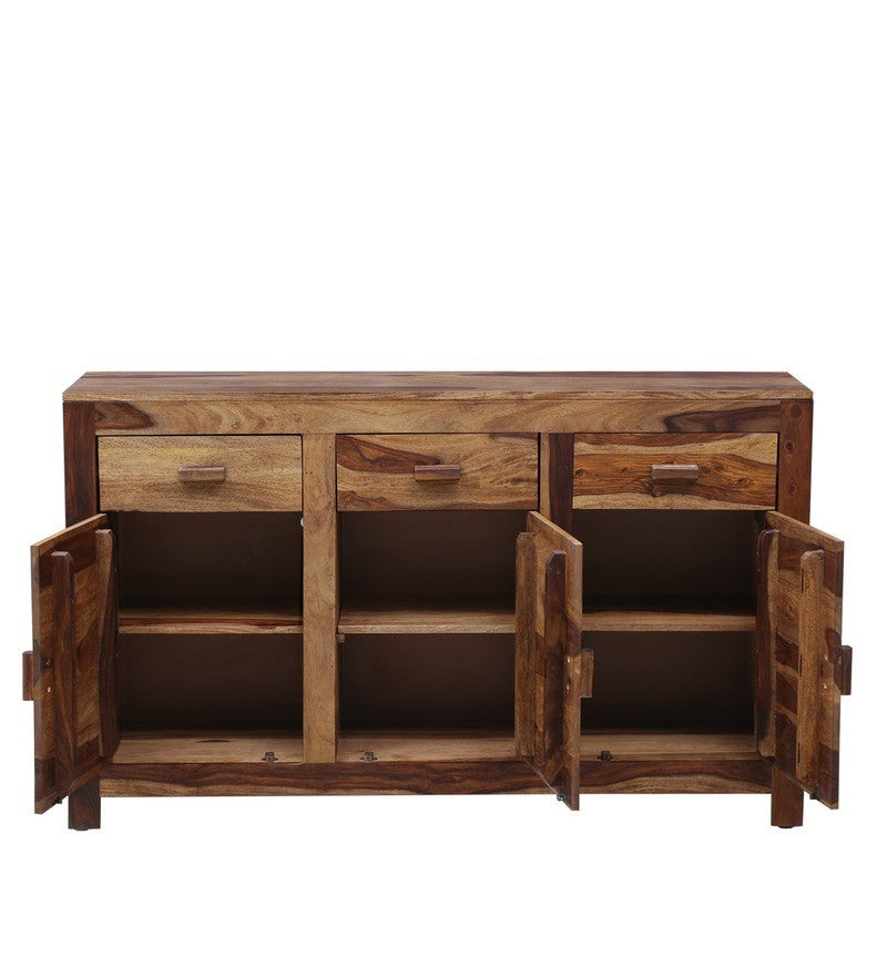 Mathew Wooden Side Board Storage Cabinet Chest Of Drawers With 3 Drawers And 3 Storage Compartments For The Living Room, Study And Office In Natural Polish Finish