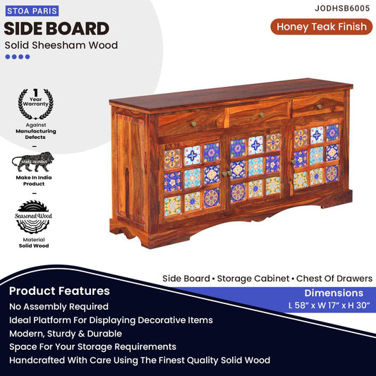 Heyman Wooden Side Board Storage Cabinet Chest Of Drawers In Honey Teak Polish Finish