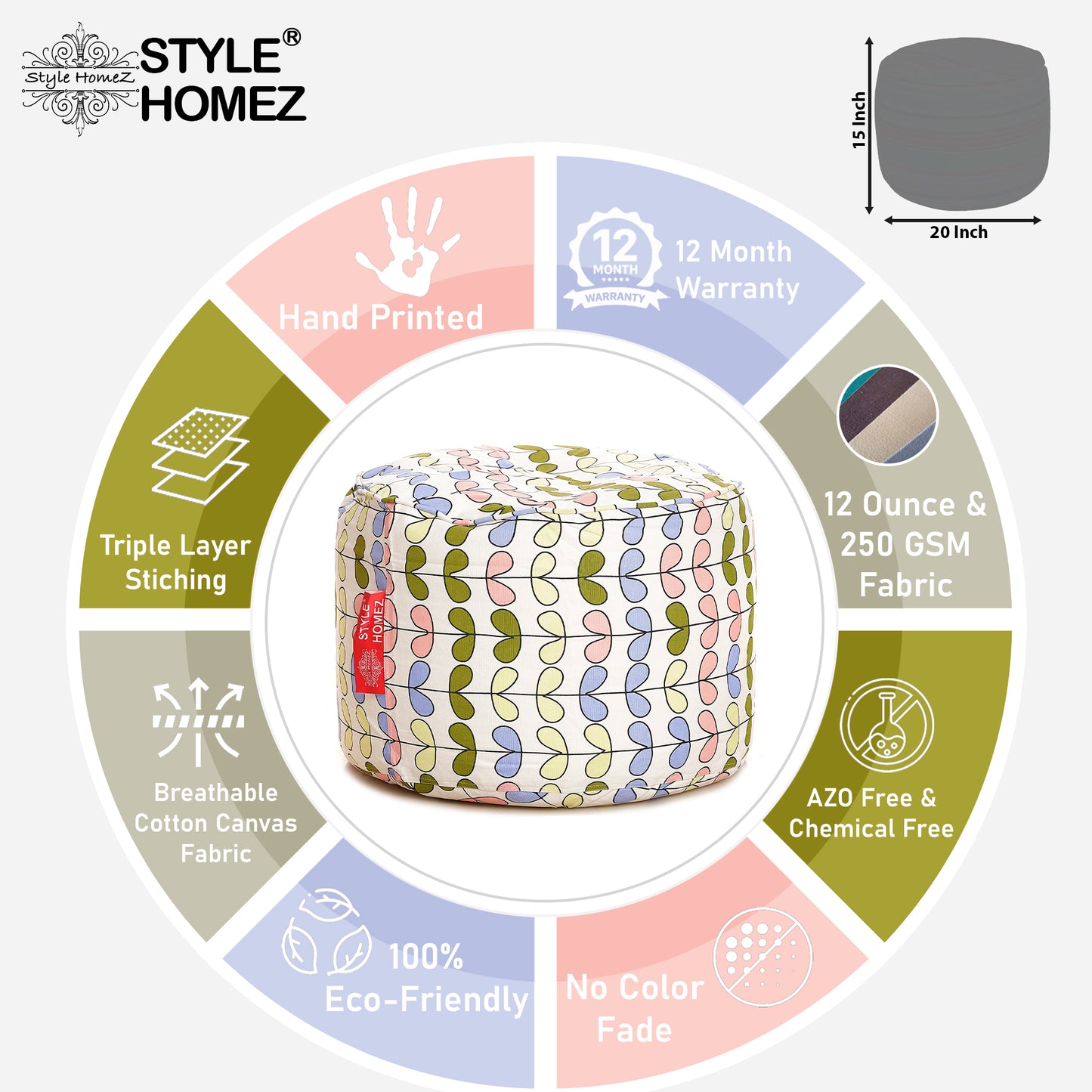 Round - Cotton Canvas Printed Ottoman  Bean Stool - Large