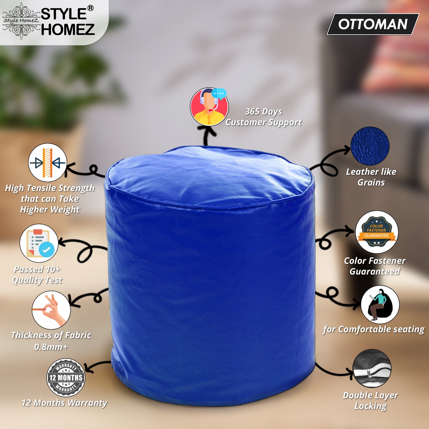 Classic - Leatherette Bean Ottoman Stool - Large