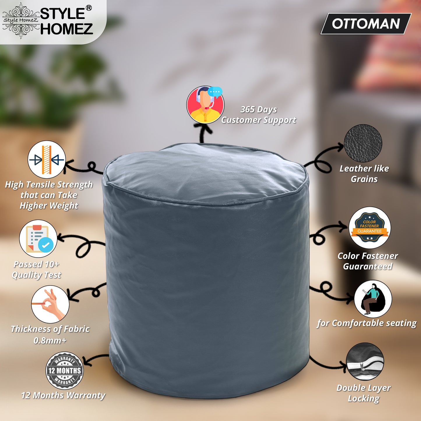 Classic - Leatherette Bean Ottoman Stool - Large