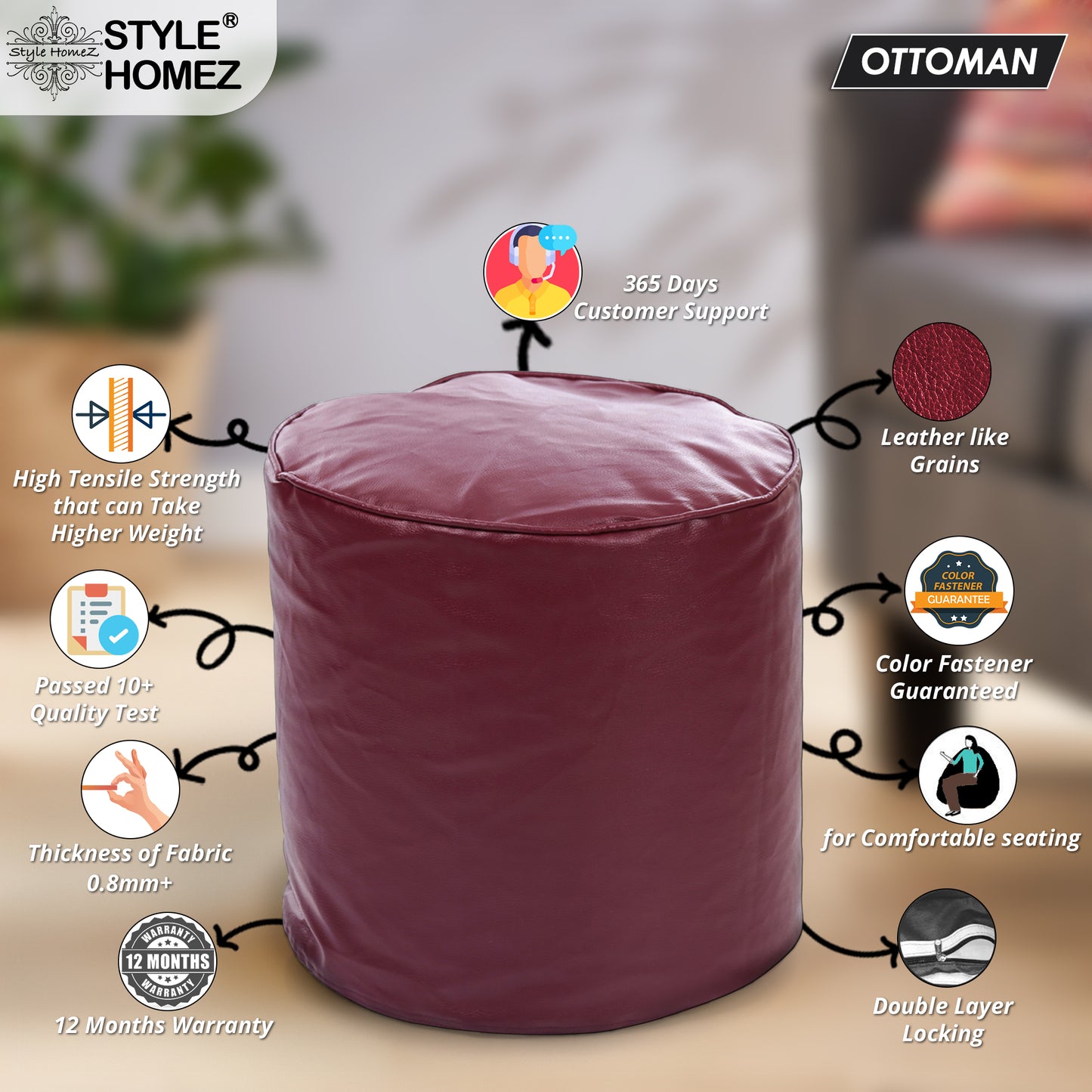 Classic - Leatherette Bean Ottoman Stool - Large