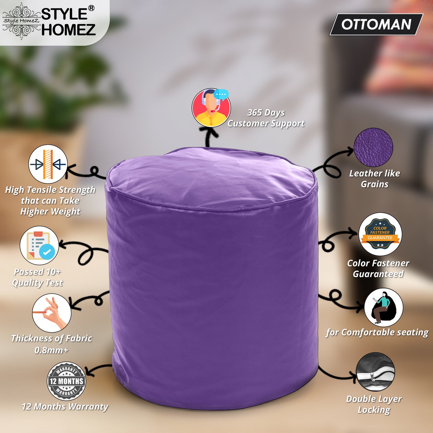 Classic - Leatherette Bean Ottoman Stool - Large