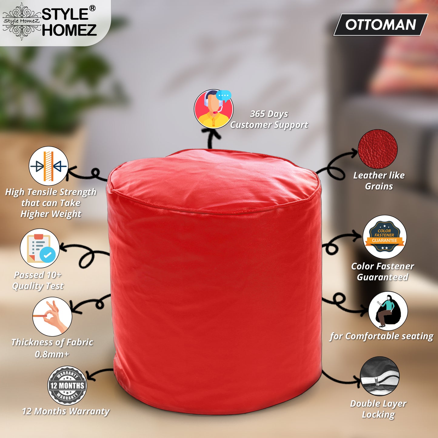 Classic - Leatherette Bean Ottoman Stool - Large