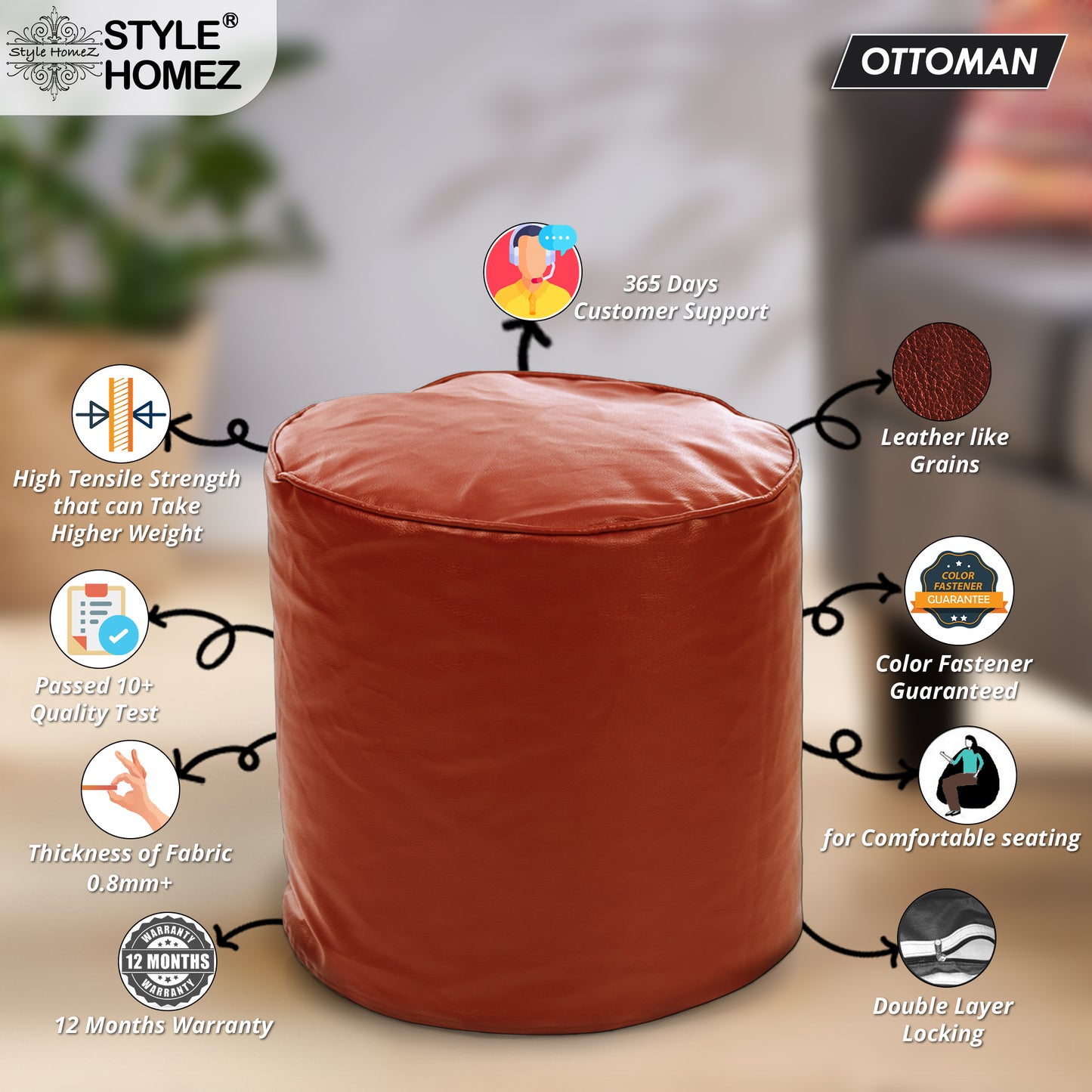 Classic - Leatherette Bean Ottoman Stool - Large