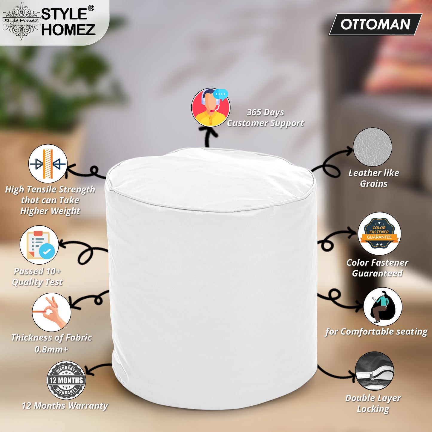 Classic - Leatherette Bean Ottoman Stool - Large